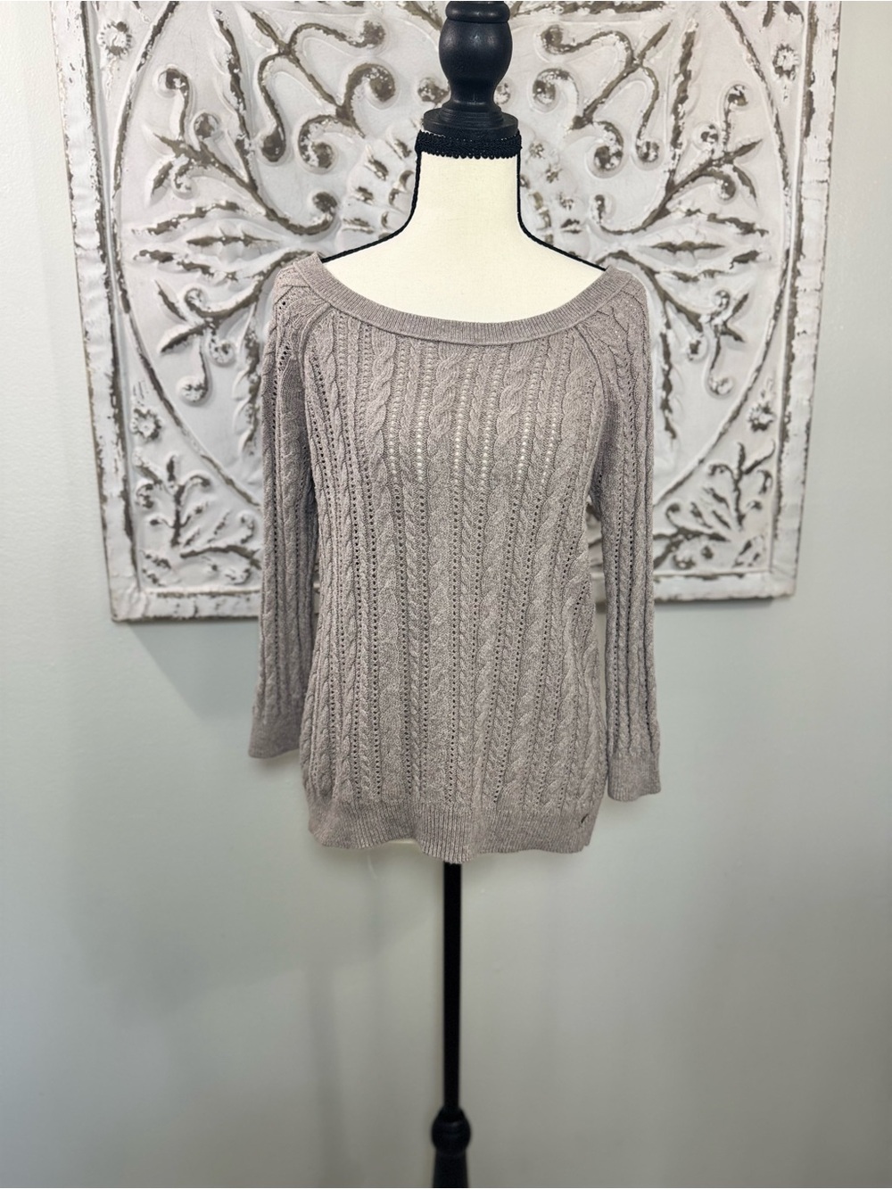 American Eagle Outfitters S/P Taupe Cable Knit Openwork Boat Neck Sweater